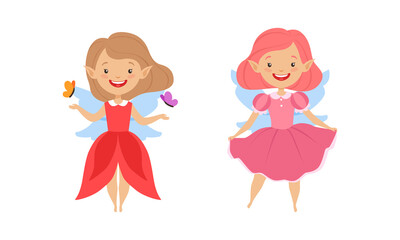 Lovely Fairy Girls Set,Happy Winged Girls Flying Wearing Bright Costumes Cartoon Vector Illustration