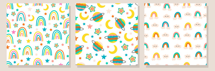 Baby sky seamless pattern set. Backgrounds with planets, rainbows, stars and clouds in nordic style and bright colors	