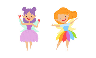 Adorable Fairy Girls Set, Lovely Winged Girls in Bright Costumes Cartoon Vector Illustration
