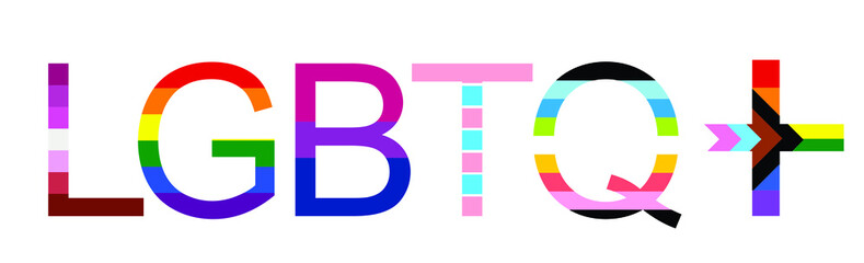 LGBTQ+ word banner vector illustration isolated on white background. Typography with L Lesbian flag, G Gay Pride flag colors. B Bisexual flag. T Transgender community pride. Q Queer. Gay parade symbol