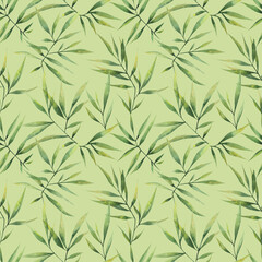 Fototapeta na wymiar Seamless watercolor pattern with large branches and bamboo leaves on a green background. Botanical illustration for fabrics, clothing, decor, packaging.