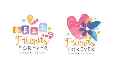 Friends Forever Logo Templates Design, Friendship Day Hand Drawn Badges Vector Illustration