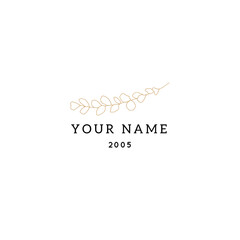 Florals, branch with leaves. Hand drawn vector logo template. Feminine business identity.