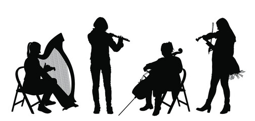 Female quartet orchestra music artist vector silhouette illustration. Girl play violin, cellist woman play cello, elegant lady play harp. Flutist girl play flute. String and wind instruments concert. - obrazy, fototapety, plakaty
