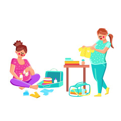 Fototapeta na wymiar Future Mother Pack Clothes In Bag Pregnant Vector. Woman Collect Clothing And Newborn Baby Accessories In Bag Pregnant. Character Preparing For Maternity Hospital Flat Cartoon Illustration