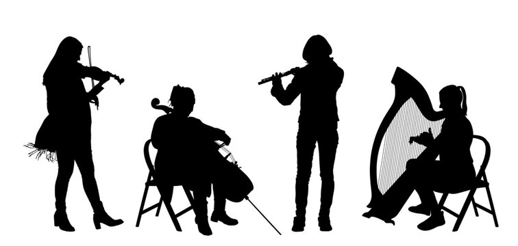 Female quartet orchestra music artist vector silhouette illustration. Girl play violin, cellist woman play cello, elegant lady play harp. Flutist girl play flute. String and wind instruments concert.