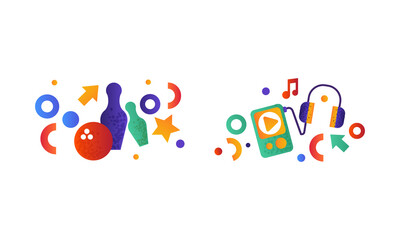 playing cards, music entertainment performance equipment, arcade game machine, movie clapperboard, bowling pins and ball vector Illustration isolated on a white background.