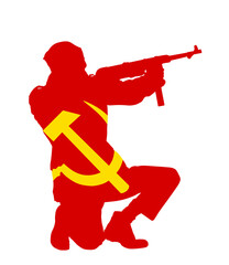 Red army soldier with rifle in battle vector silhouette illustration isolated on white background. Brave man on East front defend country against enemy. Sickle and hummer over Soviet comrade in combat
