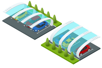 Isometric street roof of outdoor parking lot. Outdoor of parking garage with car and vacant parking lot in parking building