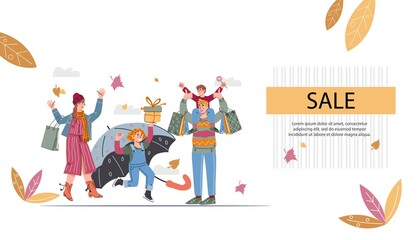 Autumn sale website banner with people with umbrellas and big shopping bags. Autumn Sale web banner and seasonal discount, flat cartoon vector illustration.