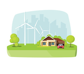 Renewable eco friendly wind turbines energy with smart home technology near the cityscape nature landscape vector flat cartoon illustration