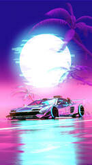 Futuristic Metal Car on a Blue Sunset Background with Palm Trees and Glitches. 3D Rendering.