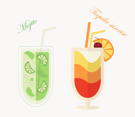 A set of mojito and tequila sunrise cocktails, a vector image of a party, holiday, summer, vacation, beach. Refreshing alcoholic beverages