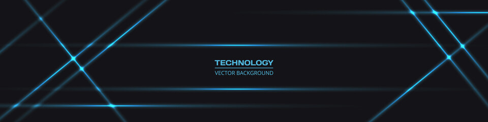 Black wide abstract tech horizontal vector background with blue neon lines. Technology banner with blue luminous lines. Futuristic luxury modern background.