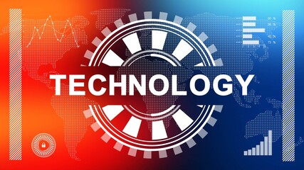 Abstract technology background with various graphic elements on blurred world map background - 3D illustration