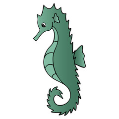 Sea Horse. Fish of the order of needle-like. Master of disguise. Colored vector illustration. Isolated white background. Ocean dweller. Cartoon style. The horse is green. Idea for web design, sticker.