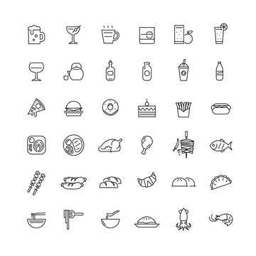 simple food and drink icons collection, black and white illustration, image vector