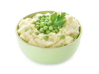 Bowl with mashed potatoes and green peas on white background