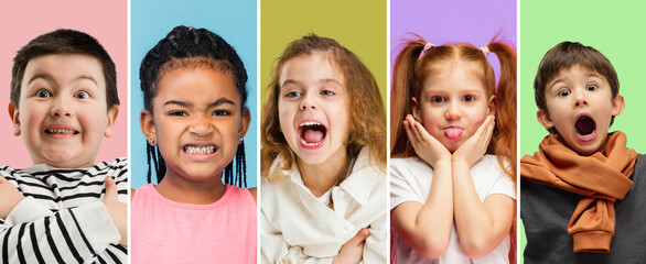 Collage made of portraits of little cute kids, boys and girls isolated on multicolored studio background. Human emotions, facial expression, childhood concept