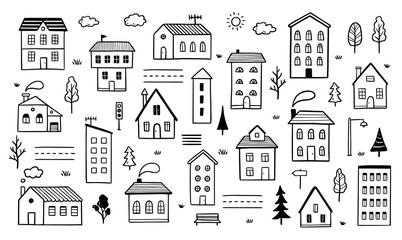 Hand drawn cute house. Doodle sketch style town. House building with roof. Vector illustration for village, city background.