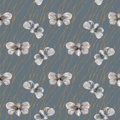 watercolor and pastel tropical butterflies in vintage graphic fused pattern on gray, gold seamless background hand-drawn for use in design, textiles, digital paper, summer