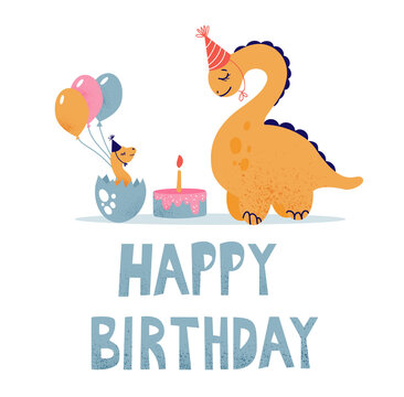 Children's birthday card with dinosaurs. A postcard in honor of the birth of a dinosaur hatched from an egg. Makes a wish to blow out the candle on the cake. 