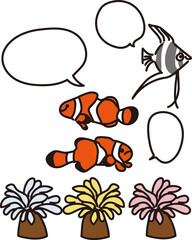 エンゼルフィッシュとクマノミとイソギンチャクのイラスト