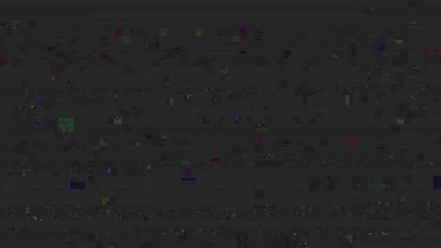 Horizontal distortion of broken video image on black background, VHS effect, glitch digital color pixel noise. Stock abstract pixel background glitch texture. Color digital noise, VHS corrupted signal