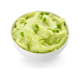 Bowl with mashed potatoes and green peas on white background