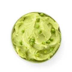 Bowl with mashed potatoes and green peas on white background