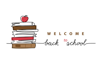 Stack of books with apple on the top. Back to school minimalist vector web banner, poster, background. One continuous line drawing illustration of books © alstanova@gmail.com