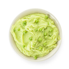 Bowl with mashed potatoes and green peas on white background