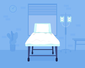 Hospital bed flat color vector illustration. Hospitalizing patients with severe health problems. Clinic furniture. Hospital room 2D cartoon interior with drop counter and couch on background