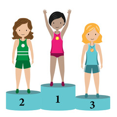 Female athletes on the podium. Olympics cartoon. Isolated vector	
