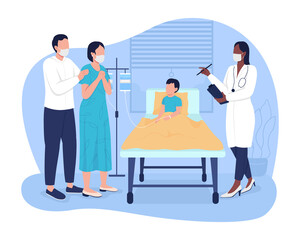 Kid in emergency room 2D vector isolated illustration. Pediatrician explaining parents about child health condition flat characters on cartoon background. Hospitalization colourful scene