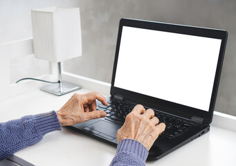Elderly woman wrinkled hands typing on the laptop with empty white screen for copy space.