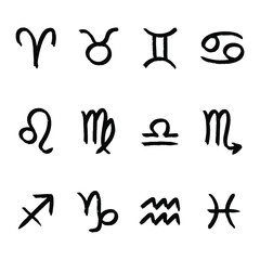 Astrological sign. Hand drawn element. Graphic design. Scruffy style. Occult and magic symbols. Astrology. Black icon, isolated on white background. High resolution. Vector EPS10. 