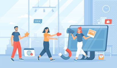 Viral Marketing, Advertising and Promotion. Social media sharing. Flat cartoon vector illustration with people characters for banner, website design or landing web page  