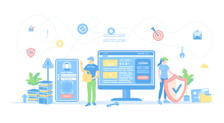 Internet security, Protecting personal confidential data. Security company with shield and lock. Password protection, touch id, face id. Vector illustration flat style.