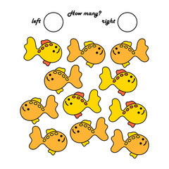A game for preschool children. Count how many fish swim to the left and how many to the left. Write down the result. A simple vector illustration