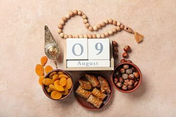 Festive composition for Islamic New Year on color background