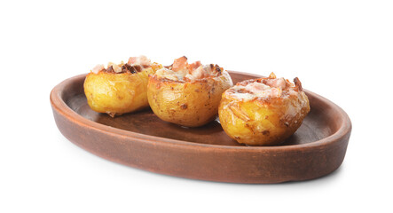 Plate with baked potato on white background