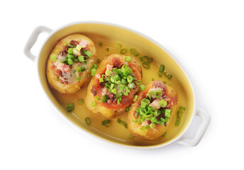 Dish with baked potato on white background
