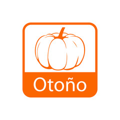 Icono con texto Otoño en español con silueta de calabaza en cuadrado de color naranja