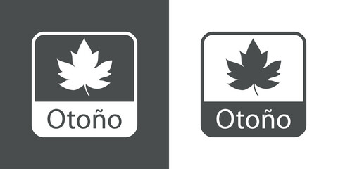 Icono con texto Oto&ntilde;o en espa&ntilde;ol con silueta de hoja de arce en cuadrado en fondo gris y fondo blanco