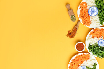 Flags of India made of food on color background