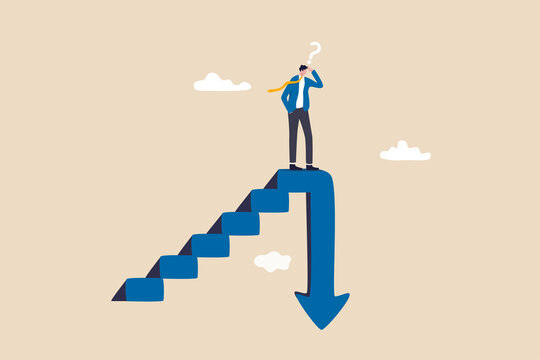 Stock market decline in crisis or bubble burst, investment or economic recession, career dead end or financial risk concept, frustrated businessman investor climb up stair with arrow down on top.