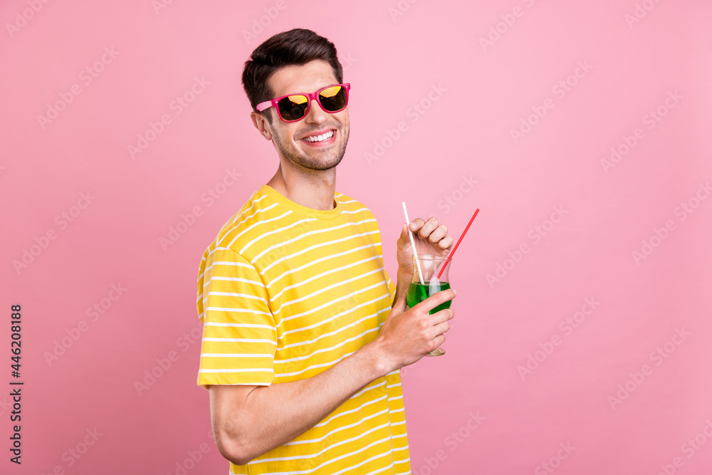 Aufkleber profile side view portrait of attractive cheerful guy drinking beverage having fun chill isolated ov