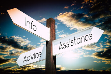 Info, advice, assistance concept - signpost with three arrows