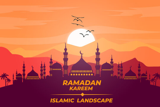 Ramadan Kareem Islamic Landscape Flat Mosque Mountain Sky Sunset